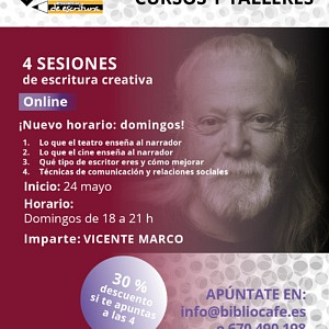 Imparte: Vicente Marco
Horario: Domingo de 18 a 21. Sesiones: 24 y 31 mayo. 7 y 14 junio. Online